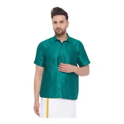 VASTRAMAY Green Straight Fit Self Pattern Ethnic Shirt-picture-21