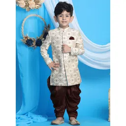 VASTRAMAY Infant Beige & Coffee Brown Woven-Design Sherwani Set-picture-37