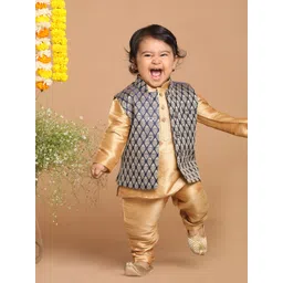 VASTRAMAY Infant Boys Gold-Toned & Blue Kurta with Pyjamas & Nehru Jacket-picture-11