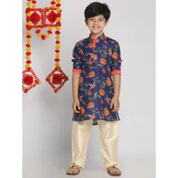 VASTRAMAY Kids Blue & Cream Cotton Floral Print Kurta Set-picture-30