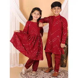 VASTRAMAY Kids-Boys Maroon Ethnic Motifs Mirror Work Georgette Kurta And Pyjama Set-picture-11