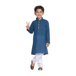 VASTRAMAY Kids Midnight Blue & White Cotton Self Pattern Kurta Set-picture-12