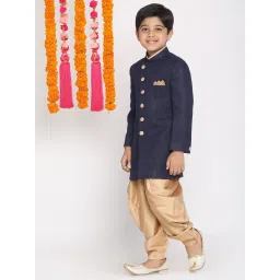 VASTRAMAY Kids Navy & Gold Cotton Sherwani Set image 3
