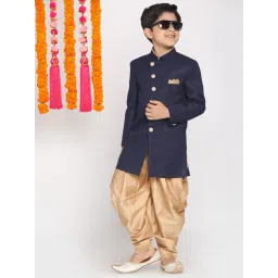 VASTRAMAY Kids Navy & Gold Cotton Sherwani Set image 4