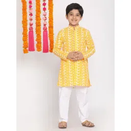 VASTRAMAY Kids Yellow & White Cotton Embroidered Kurta Set-picture-32