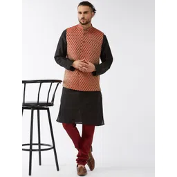 VASTRAMAY Mandarin Collar Kurta with Churidar & Woven Design Nehru Jacket-picture-34