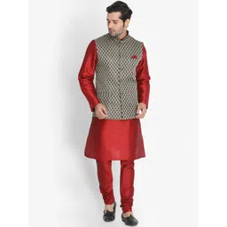 VASTRAMAY Mandarin Collar Regular Kurta With Churidar & Nehru Jacket-picture-25