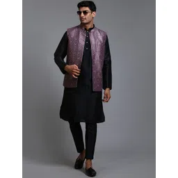VASTRAMAY Mandarin Collar Sequinned Straight Kurta With Trousers & Nehru jacket-picture-40