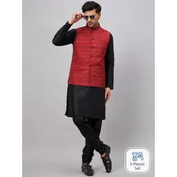 VASTRAMAY Mandarin Collar Straight Kurta With Churidar & Woven Design Nehru Jacket-picture-39