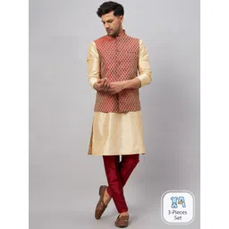 VASTRAMAY Mandarin Collar Straight Kurta With Churidar & Woven Design Nehru Jacket-picture-37