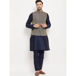VASTRAMAY Mandarin Collar Straight Kurta with Pyjamas & Nehru Jacket-picture-26