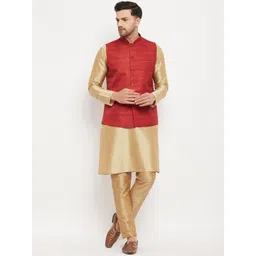 VASTRAMAY Mandarin Collar Straight Kurta with Pyjamas & Nehru Jacket-picture-27