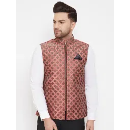 VASTRAMAY Maroon Cotton Straight Fit Self Pattern Nehru Jacket-picture-36