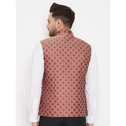 VASTRAMAY Maroon Cotton Straight Fit Self Pattern Nehru Jacket image 2