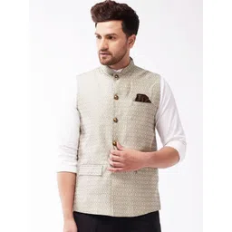 VASTRAMAY Men Beige & Grey Woven Design Nehru Jackets-picture-12
