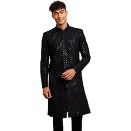 vastramay Men Black Rayon Sherwani - Sequin Embroidery Mandarin Collar Festive-picture-20