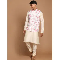 VASTRAMAY Men Cream-Coloured Floral Printed Kurta with Trousers & With Dupatta-picture-34