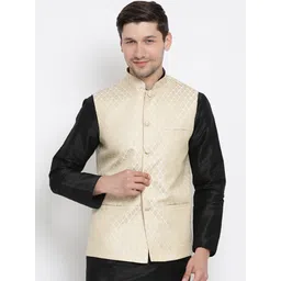 VASTRAMAY Men Cream-Coloured Woven Design Nehru Jacket-picture-17