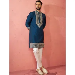 VASTRAMAY Men Ethnic Motifs Embroidered Thread Work Mandarin Collar Kurta with Trousers-picture-21