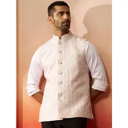 VASTRAMAY Men Ethnic Motifs Woven Design Mandarin Collar Silk Jacquard Nehru Jacket-picture-13