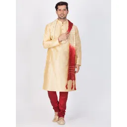VASTRAMAY Men Gold-Toned & Maroon Solid Kurta with Pyjamas & Dupatta-picture-15