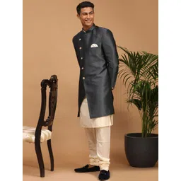VASTRAMAY Men Grey & Cream Solid Silk Sherwani With Dhoti Pants-picture-40