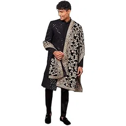 vastramay Men s Black Sequin-Embroidered Sherwani Set with Velvet Embroidered Dupatta Regal Weddings & Festival-picture-12