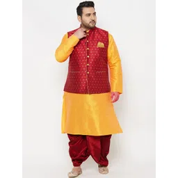 VASTRAMAY Men Yellow Layered Kurta with Dhoti Pants & Nehru Jacket-picture-30