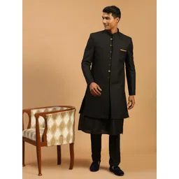 VASTRAMAY Vastramay Men's Black Viscose Sherwani Set Self Design Sherwani-picture-20