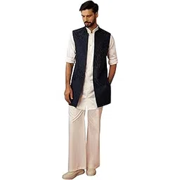 vastramay Men's Navy Embroidered Nehru Jacket with Cream Kurta Trouser - Premium Set-picture-11
