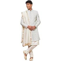 vastramay Men's Silk Blend Jacquard Indo-Western Sherwani with Kurta, Pant Pyjama & Dupatta Weddings & Festival-picture-38