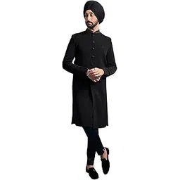 vastramay Men's Sutting Fabric Embroidered Sequined Knee-Length Sherwani with Mandarin Collar and Pant-Style Pyjama – Perfect for Parties and Festive Occasions-picture-11