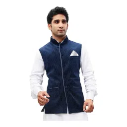 VASTRAMAY Navy Straight Fit Printed Nehru Jacket-picture-25