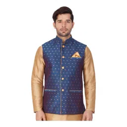 VASTRAMAY Navy Straight Fit Self Pattern Nehru Jacket-picture-34