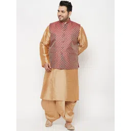 VASTRAMAY Plus Size Men Gold-Toned Kurta with Dhoti Pants & Nehru Jacket-picture-17