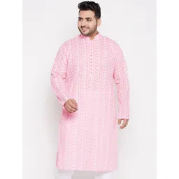 VASTRAMAY Plus Size Men Pink & White Ethnic Motifs Pure Cotton Chikankari Kurta-picture-19