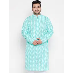 VASTRAMAY Plus Size Men Sea Green & White Geometric Embroidered Chikankari Kurta-picture-33
