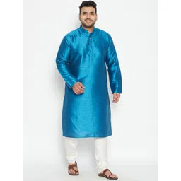 VASTRAMAY Plus Size Men Turquoise Blue Solid Silk Kurta Set-picture-34