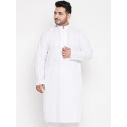 VASTRAMAY Plus Size Men White Paisley Embroidered Thread Work Kurta-picture-22