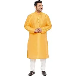 vastramay Plus Size Men's Silk Blend Kurta Set-New Yellow-picture-10