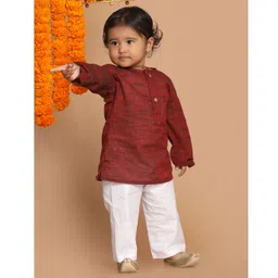Vastramay Pure Handloom Cotton Full Sleeves Solid Kurta &  Pyjama - Maroon & White-picture-19