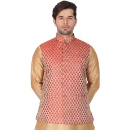 VASTRAMAY Red Straight Fit Brocade Nehru Jacket-picture-34
