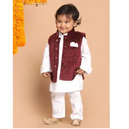 VASTRAMAY SISHU Full Sleeves Solid Kurta & Pyjama With Mini Polka Dot Embellished Nehru Jacket - White & Maroon-picture-17