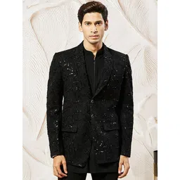 VASTRAMAY Slim-Fit Embroidered Sequinned Georgette Single Breasted Blazer-picture-19