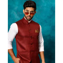 VASTRAMAY Woven Design Mandarin Collar Jute Cotton Nehru Jacket-picture-10