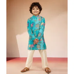 Vastramay Woven Full Sleeves Elephant Printed & Sequin Embellished Kurta Pyjama Set - Blue-picture-27