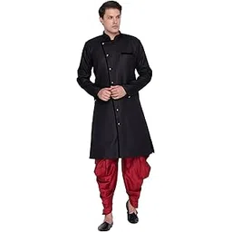 VM Mens Cotton Blend Sherwani Patiala Dhoti Set - Regal Ethnic Ensemble for Weddings and Festivals | Indowestern Angrakha Style Sherwani With Cowl Style Patiala Dhoti Pant Set-image-15