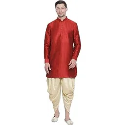 VM Mens Silk Blend Kurta And Dhoti Set - Classic Ethnic Attire| Curved Shape Pathani Style Men's Mid Length Full Sleeves Mandarin Collar Kurta With Cowl Style Patiala Dhoti Pant Set-image-9