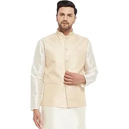 VM Mens Silk Blend Nehru Jacket - Timeless Style & Versatility | Banarasi Brocade Woven Jaquard Modi Jacket | Ethnic Sleeveless Coat for Formal & Casual Wear-image-0