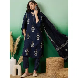 Vastramyaa Floral Printed Sequinned Pure Cotton Straight Kurta With Trousers & Dupatta-picture-11